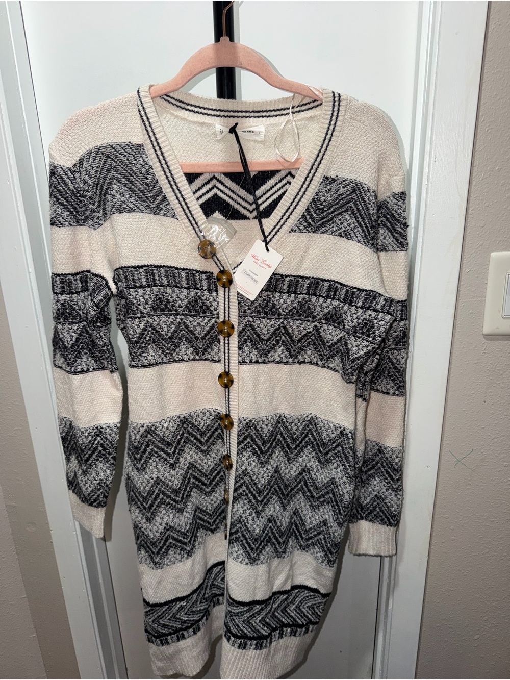 Lucky Brand Fair Isle Long Cardigan Ivory Black Size Large NWT